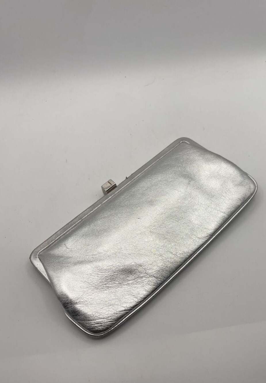 Lambertson Truex Silver Metallic Leather Logo Clasp Frame Clutch Bag